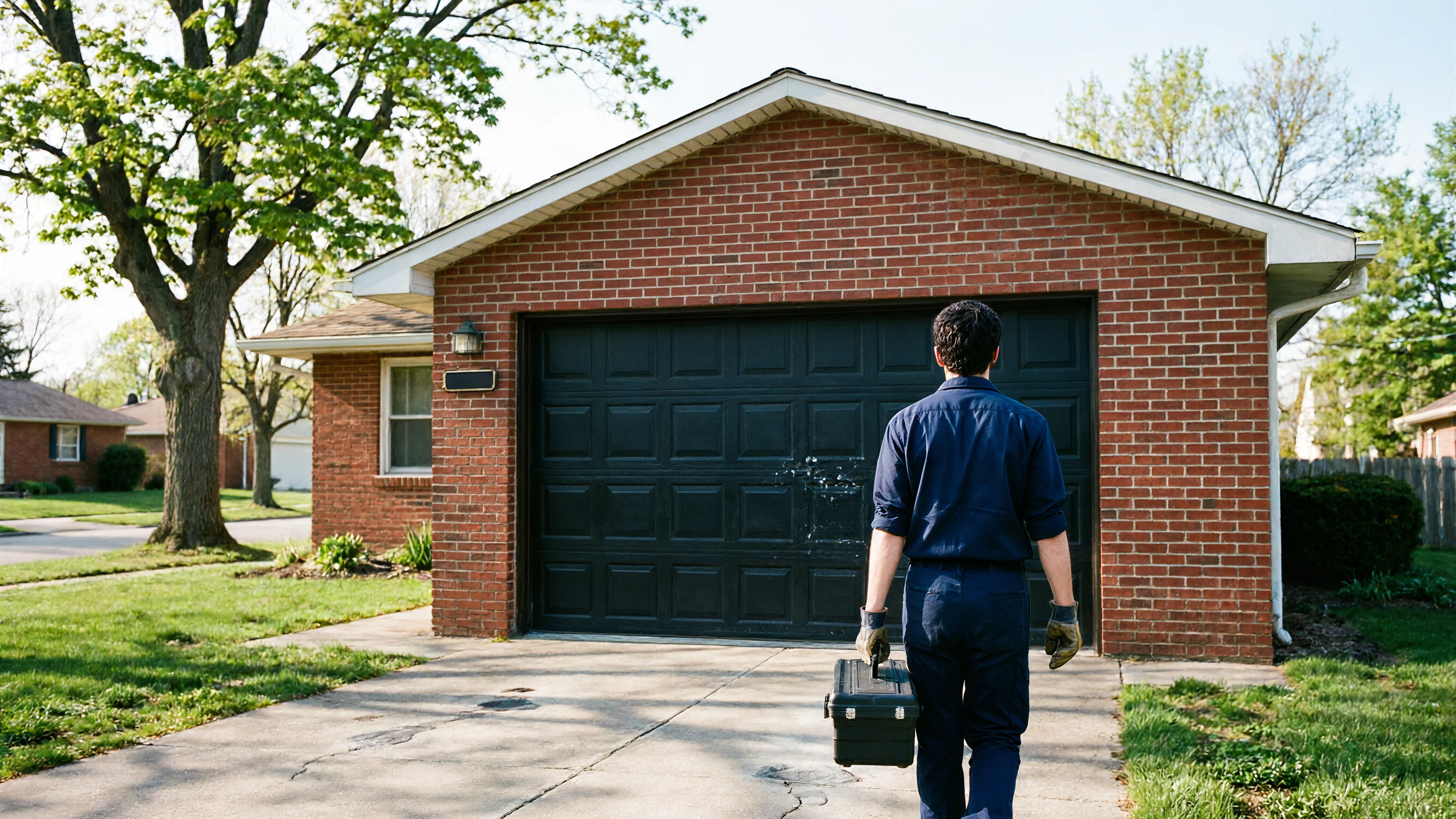 A technician in a blue uniform walks toward a brick garage with a black door.